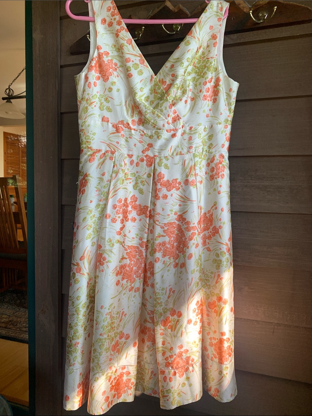 Floral V-Neck A-Line Dress in Coral and Green, Talbots, 10